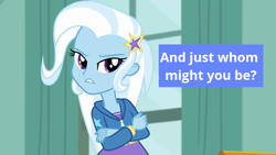 Size: 800x450 | Tagged: safe, artist:haleyc4629, derpibooru import, edit, edited screencap, screencap, trixie, a little birdie told me, better together, equestria girls, question, unamused, unimpressed