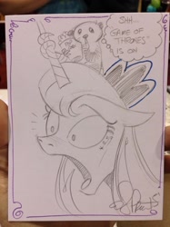 Size: 845x1127 | Tagged: safe, artist:andypriceart, princess luna, tiberius, alicorn, pony, game of thrones, popcorn, thought bubble, traditional art