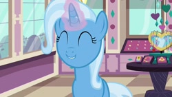 Size: 1200x675 | Tagged: safe, derpibooru import, screencap, trixie, pony, unicorn, all bottled up, cute, diatrixes, eyes closed, female, glowing horn, mare, smiling, solo