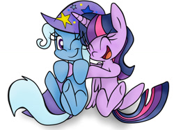 Size: 1024x768 | Tagged: safe, artist:laliiyeaah, derpibooru import, trixie, twilight sparkle, twilight sparkle (alicorn), alicorn, pony, ask twilight and trixie, blushing, cute, female, happy, hug, lesbian, mare, shipping, simple background, twixie, white background