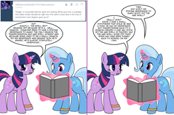 Size: 1204x800 | Tagged: safe, artist:dekomaru, derpibooru import, trixie, twilight sparkle, pony, ask, book, female, lesbian, magic, shipping, tumblr, tumblr:ask twixie, twixie