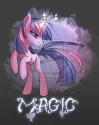 Size: 600x763 | Tagged: dead source, source needed, safe, artist:sambragg, derpibooru import, twilight sparkle, unicorn twilight, pony, unicorn, female, glowing horn, grin, horn, mare, obtrusive watermark, rearing, smiling, solo, text, watermark