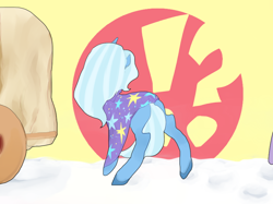 Size: 800x598 | Tagged: safe, artist:pongtang, derpibooru import, trixie, pony, unicorn, behind, female, mare, pixiv, snow, solo