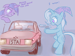 Size: 1271x962 | Tagged: safe, artist:gsphere, derpibooru import, trixie, twilight sparkle, pony, bipedal, car, desert eagle, gun, left 4 dead, left 4 dead 2, pistol, this will end in a car alarm, this will end in car alarms, this will end in zombies, twilight is not amused, unamused