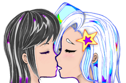 Size: 2155x1419 | Tagged: safe, artist:starwantrix, derpibooru import, octavia melody, trixie, equestria girls, blushing, colored, colorful, cute, diatrixes, digital art, female, kissing, lesbian, shipping, simple background, transparent background, trixtavia