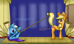 Size: 2560x1536 | Tagged: safe, artist:brab777, derpibooru import, applejack, trixie, earth pony, pony, applejack hogtying trixie, bondage, hogtied, prehensile tail, rope