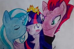 Size: 1024x674 | Tagged: safe, artist:tsugiriuzumaki, derpibooru import, fizzlepop berrytwist, tempest shadow, trixie, twilight sparkle, twilight sparkle (alicorn), alicorn, my little pony: the movie, female, lesbian, shipping, tempestlight, traditional art, twixie, watermark