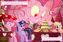 Size: 1500x1000 | Tagged: safe, artist:flamingo1986, derpibooru import, daisy, flower wishes, lily, lily valley, pinkie pie, roseluck, twilight sparkle, earth pony, pony, unicorn, cake, flower trio, mecha, mecha pinkie pie, the ballad of mecha pinkie pie, the powerpuff girls