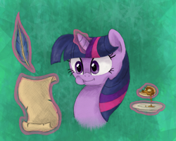 Size: 2193x1761 | Tagged: safe, artist:hewison, derpibooru import, twilight sparkle, pony, eating, female, glowing horn, horn, letter, magic, mare, plate, quill, solo, telekinesis, waffle, writing