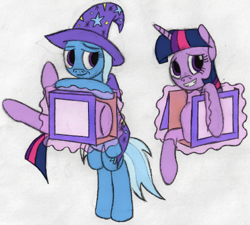 Size: 500x450 | Tagged: safe, artist:wandertones, derpibooru import, trixie, twilight sparkle, box, box sawing trick, half, magic, magic trick, modular, traditional art