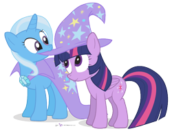 Size: 720x550 | Tagged: safe, artist:dm29, derpibooru import, trixie, twilight sparkle, twilight sparkle (alicorn), alicorn, pony, accessory swap, cute, duo, female, hat, lesbian, mare, shipping, simple background, transparent background, trixie's hat, twixie