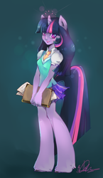 Size: 600x1032 | Tagged: safe, artist:liea, derpibooru import, twilight sparkle, anthro, clothes, human facial structure, skirt