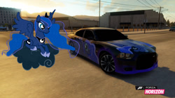 Size: 1280x720 | Tagged: safe, artist:equestianracer, princess luna, alicorn, pony, car, dodge (car), dodge charger, dodge charger srt8, forza horizon, itasha, solo