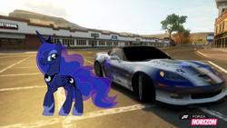 Size: 1280x720 | Tagged: safe, artist:equestianracer, princess luna, alicorn, pony, car, city, corvette, corvette c6, forza horizon, itasha, solo