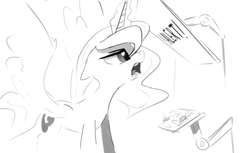 Size: 1280x782 | Tagged: safe, artist:darkflame75, princess luna, alicorn, pony, ftl, lunadoodle, monochrome, solo, spaceship