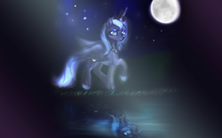 Size: 1440x900 | Tagged: safe, artist:lunaltaria, princess luna, alicorn, pony, moon, night, reflection, s1 luna, solo, water