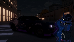 Size: 1024x576 | Tagged: safe, artist:equestianracer, princess luna, alicorn, pony, car, forza horizon, night, nissan, nissan skyline, skyline r34, solo