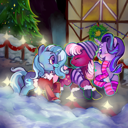 Size: 800x800 | Tagged: safe, artist:blynxee, derpibooru import, cheerilee, starlight glimmer, trixie, earth pony, pony, unicorn, boots, christmas, christmas tree, clothes, eyes closed, female, hearth's warming, holiday, mare, one eye closed, scarf, shoes, smiling, snow, tree, walking, winter