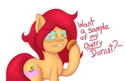 Size: 2613x1692 | Tagged: safe, artist:spk, derpibooru import, oc, oc only, oc:vivian cereza, earth pony, pony, donut, female, food, glasses, innuendo, milf, mother, simple background, solo, transparent background