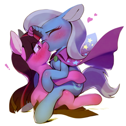 Size: 4092x4092 | Tagged: safe, artist:aruurara, derpibooru import, trixie, twilight sparkle, absurd resolution, blushing, cape, clothes, female, horns are touching, kissing, lesbian, shipping, trixie's cape, twixie