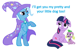 Size: 1394x881 | Tagged: safe, artist:bronybyexception, derpibooru import, spike, trixie, twilight sparkle, dog, dragon, pony, bipedal, fangs, floppy ears, frown, glare, open mouth, raised hoof, rearing, simple background, sitting, smiling, spike the dog, the wizard of oz