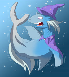 Size: 4244x4767 | Tagged: safe, artist:tfsubmissions, derpibooru import, trixie, great white shark, shark, absurd resolution, cape, clothes, fangs, floppy ears, hat, open mouth, sharkified, sharxie, solo, species swap, transformation, trixie's cape, trixie's hat, underwater, wide eyes