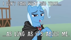 Size: 600x338 | Tagged: safe, derpibooru import, trixie, pony, troll, unicorn, magic duel, alicorn amulet, fall out boy, female, i don't care, image macro, lyrics, mare, meme, music, solo, song reference, trixie yells at everything