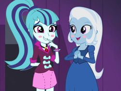 Size: 944x712 | Tagged: safe, artist:illumnious, artist:themexicanpunisher, derpibooru import, edit, edited screencap, screencap, sonata dusk, trixie, equestria girls, rainbow rocks, clothes, female, lesbian, shipping, smiling, trixiedusk