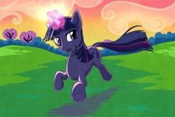 Size: 770x516 | Tagged: safe, artist:saphamia, derpibooru import, twilight sparkle, unicorn twilight, pony, unicorn, female, glowing horn, grass, grass field, horn, magic, mare, running, solo