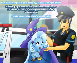 Size: 2588x2124 | Tagged: safe, artist:poseidonathenea, derpibooru import, trixie, equestria girls, arrested, body armor, cape, clothes, cuffs, grammar error, hat, kurt marshall, officer pootang mang, peaked cap, police car, police officer, recolor, trixie's cape, trixie's hat