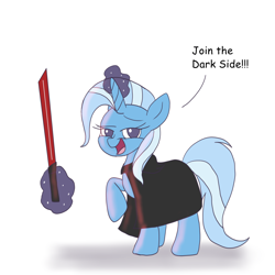 Size: 3000x3000 | Tagged: safe, artist:imacartoonist, derpibooru import, trixie, pony, unicorn, cape, clothes, female, glowing horn, lightsaber, magic, mare, raised hoof, simple background, solo, speech, star wars, telekinesis, weapon, white background