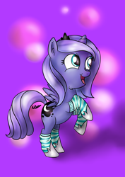 Size: 2480x3507 | Tagged: safe, artist:cwossie, princess luna, alicorn, pony, clothes, ear fluff, filly, rearing, smiling, socks, solo, striped socks, woona