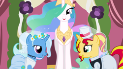 Size: 1280x720 | Tagged: safe, artist:hakunohamikage, derpibooru import, princess celestia, sunset shimmer, trixie, alicorn, pony, ask, ask-princesssparkle, clothes, dress, female, lesbian, marriage, shipping, suntrix, tumblr, wedding, wedding dress