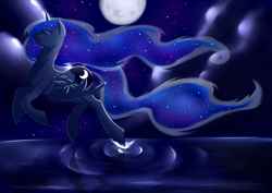 Size: 1024x724 | Tagged: safe, artist:nephiam, princess luna, alicorn, pony, flying, moon, night, solo, water