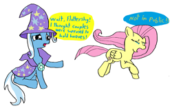 Size: 1264x793 | Tagged: safe, artist:artiks, derpibooru exclusive, derpibooru import, fluttershy, trixie, pegasus, pony, unicorn, cape, clothes, crying, dialogue, eyes closed, female, hat, lesbian, mare, raised hoof, running away, sad, shipping, simple background, sitting, trixie's cape, trixie's hat, trixieshy, white background