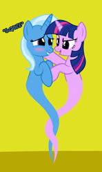 Size: 362x612 | Tagged: safe, artist:navitaserussirus, derpibooru import, trixie, twilight sparkle, asktwixiegenies, blush sticker, blushing, cropped, female, genie, geniefied, lesbian, shipping, simple background, squee, twixie, yellow background