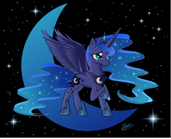 Size: 8156x6669 | Tagged: safe, artist:duskie-06, princess luna, alicorn, pony, absurd resolution, crying, moon, raised hoof, solo, spread wings, stars, tangible heavenly object