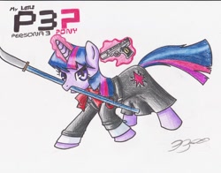 Size: 900x707 | Tagged: safe, artist:shadewingz, derpibooru import, twilight sparkle, crossr, evoker, naginata, persona 3, persona.