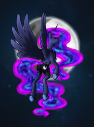 Size: 1973x2673 | Tagged: safe, artist:kudalyn, princess luna, alicorn, pony, flying, moon, plot, solo