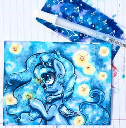 Size: 597x604 | Tagged: safe, artist:y0wai, princess luna, alicorn, firefly (insect), pony, open mouth, smiling, solo, traditional art