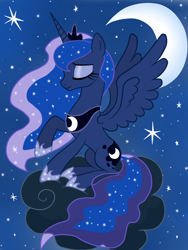 Size: 1536x2048 | Tagged: dead source, safe, artist:aurora69rainbow, princess luna, alicorn, pony, cloud, eyes closed, moon, night, sitting, solo, spread wings