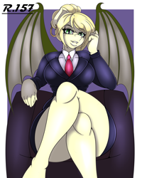 Size: 2000x2500 | Tagged: safe, artist:renegade-157, derpibooru import, oc, oc only, oc:sassy gale, anthro, bat pony, unguligrade anthro, bat pony oc, big breasts, breasts, clothes, crossed legs, digital art, female, mare, milf, solo