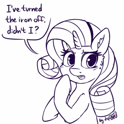 Size: 1280x1280 | Tagged: safe, artist:dsp2003, rarity, pony, unicorn, 2017, comic, female, inktober, mare, monochrome, single panel, sketch, solo, sweat, sweatdrop