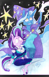 Size: 770x1200 | Tagged: safe, artist:ursa, derpibooru import, starlight glimmer, trixie, anthro, unguligrade anthro, unicorn, cape, clothes, hat, stars, trixie's cape, trixie's hat