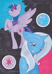 Size: 672x960 | Tagged: safe, artist:alicecherie, derpibooru import, trixie, twilight sparkle, twilight sparkle (alicorn), alicorn, female, lesbian, princess trixie sparkle, sad, shipping, twixie