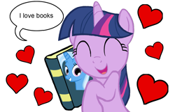 Size: 1321x851 | Tagged: artist needed, safe, derpibooru import, trixie, twilight sparkle, pony, unicorn, book, dialogue, eyes closed, female, floating heart, heart, lesbian, mare, shipping, simple background, smiling, solo, that pony sure does love books, twixie, white background