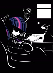 Size: 1699x2335 | Tagged: safe, artist:eternal-equilibrium, derpibooru import, twilight sparkle, black and white, clothes, grayscale, monochrome, neo noir, noir, partial color, solo, table