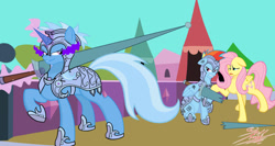 Size: 2000x1067 | Tagged: safe, artist:killkatt, derpibooru import, fluttershy, rainbow dash, trixie, pegasus, pony, crystal guard armor, dark magic, jousting, lance, magic, sombra eyes