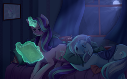 Size: 4535x2834 | Tagged: safe, artist:kimberlys-habitation, derpibooru import, starlight glimmer, trixie, pony, unicorn, bed, book, curved horn, duo, glowing horn, lying down, magic, moon, moonlight, night, pillow, reading, telekinesis, trixie's wagon, yawn