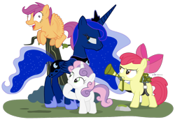 Size: 1000x700 | Tagged: safe, artist:dm29, apple bloom, princess luna, scootaloo, sweetie belle, alicorn, pony, bloom and gloom, cutie mark crusaders, i didn't listen, pest control gear, scootaloo can fly, simple background, transparent background, twitbuster apple bloom